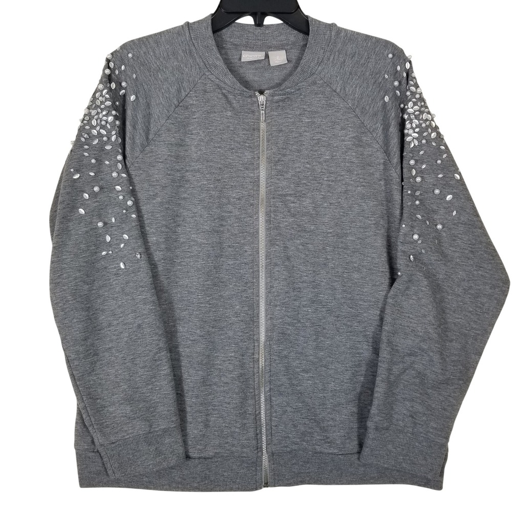 Chicos Zenergy Gray Embellished Pearl Rhinestone Zip Bomber Jacket Womens 2 L